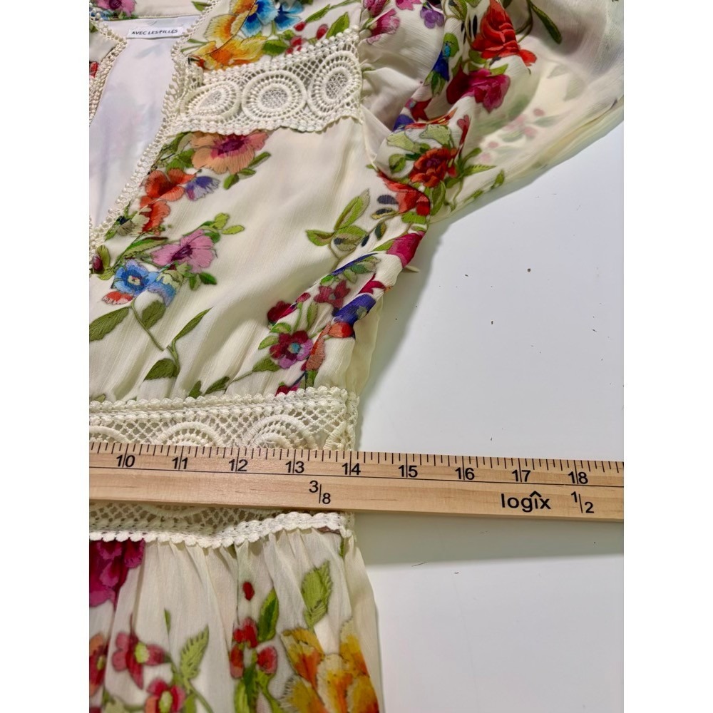 Avec Les Filles Floral Mini Dress 6 Cream Crochet  Balloon Sleeve Wedding Guest - Picture 14 of 16